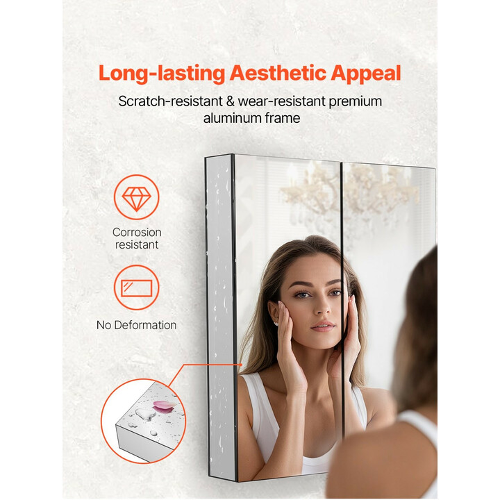 Lääkekaappi kylpyhuoneeseen peilillä, alumiinirunko, 2 säädettävää lasihyllyä, pinta- ja uppoasennus, 662 x 135 x 762 mm