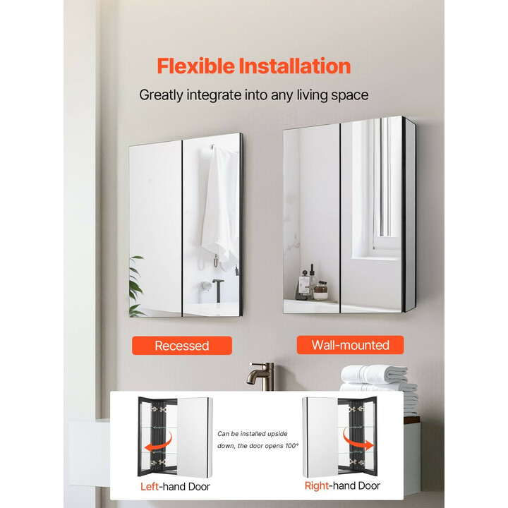 Lääkekaappi kylpyhuoneeseen peilillä, alumiinirunko, 2 säädettävää lasihyllyä, pinta- ja uppoasennus, 662 x 135 x 762 mm