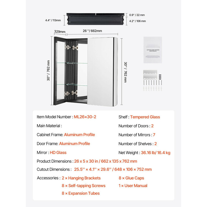 Lääkekaappi kylpyhuoneeseen peilillä, alumiinirunko, 2 säädettävää lasihyllyä, pinta- ja uppoasennus, 662 x 135 x 762 mm