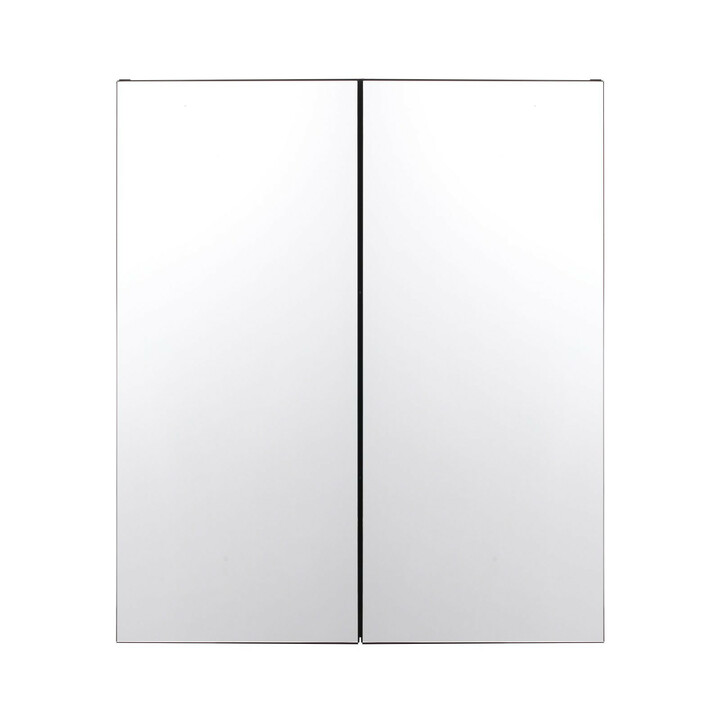 Lääkekaappi kylpyhuoneeseen peilillä, alumiinirunko, 2 säädettävää lasihyllyä, pinta- ja uppoasennus, 662 x 135 x 762 mm