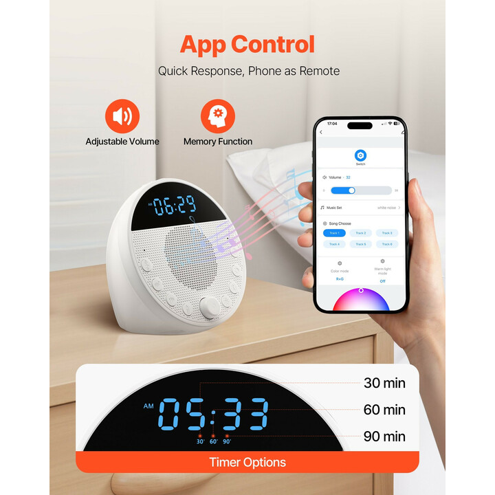 Valkoisen kohinan unilaite 18 äänellä, 7-värinen yövalo, kaksoisherätys, ajastin ja APP-ohjaus