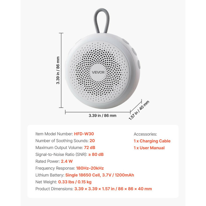 Valkoisen kohinan unilaite, 20 rauhoittavaa ääntä, rengasvalo, ajastin, muistitoiminto, lapsilukko, langaton, malli HFD-W30