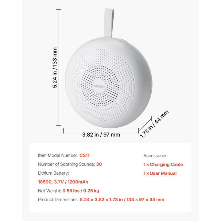 Valkoinen kohina -äänikone CS11, 30 rauhoittavaa ääntä, ajastin, rengasvalo, langaton, vauvoille ja aikuisille