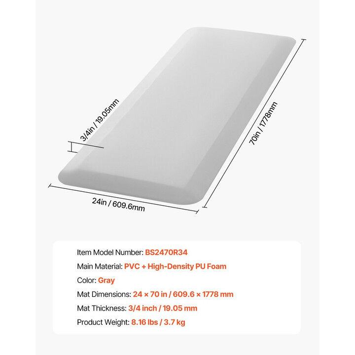 Kaatumismatto ikääntyneille ja potilaille, harmaa, 609,6 × 1778 mm, 19,05 mm, PVC + PU-vaahto, liukuestopohja