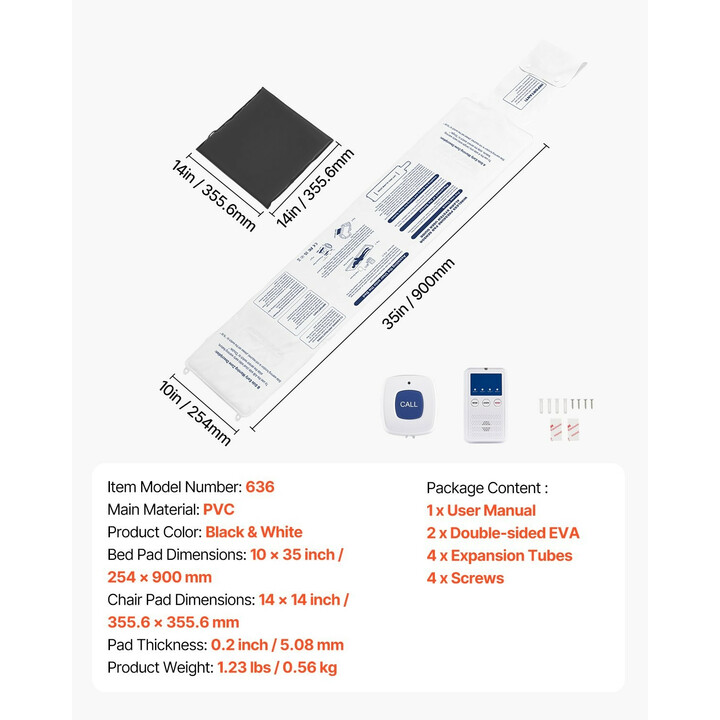 Langaton varhaishälytyksen vuode- ja tuolihälytin 2 anturityynyä kutsupainikkeella ja hakulaitteella kaatumisen ehkäisyyn