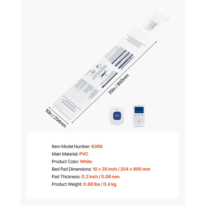 Varhaishälytys vuoteen hälytysjärjestelmä langaton anturityyny kutsupainikkeella ja hakulaitteella 254 x 889 mm valkoinen PVC