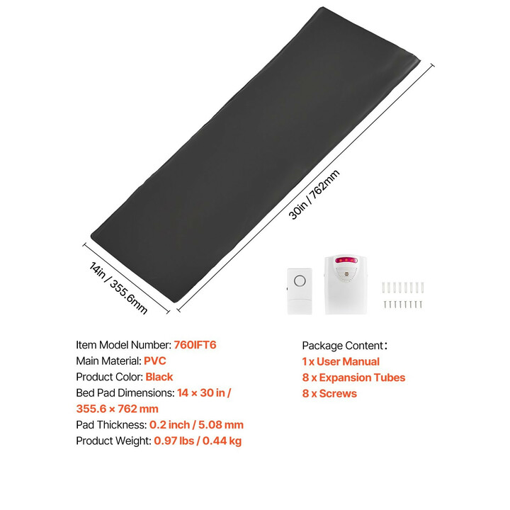 Sängyn hälytysjärjestelmä ikääntyneille, langaton anturityyny ja kaukohälytin, PVC, musta, malli 760IFT6