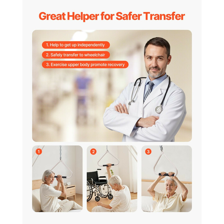 Trapetsitanko sänkyyn liikkumisen avuksi, säädettävä kahva, puristinkiinnitys, kantavuus 113 kg