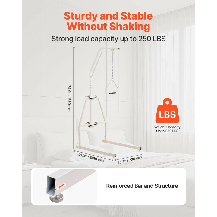 Sängyn trapetsitanko lattiatelineellä ja puristuskiinnityksellä, painonkesto 250, koti- ja hoitokäyttöön