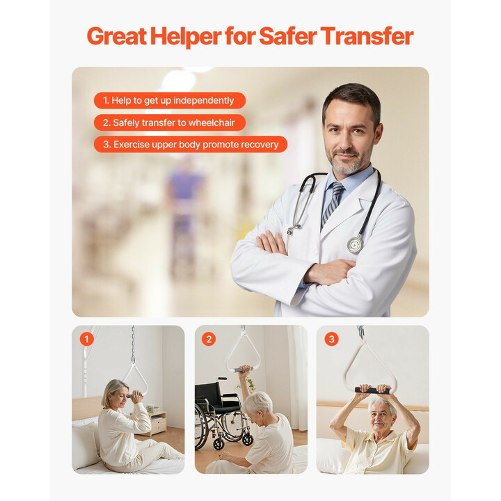 Sängyn trapetsitanko lattiatelineellä ja puristuskiinnityksellä, painonkesto 250, koti- ja hoitokäyttöön