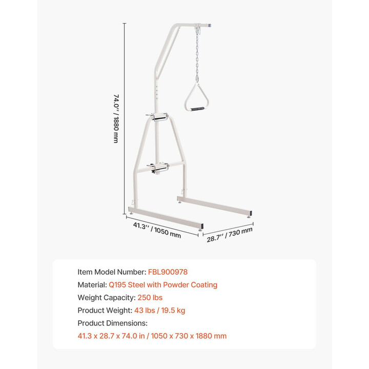 Sängyn trapetsitanko lattiatelineellä ja puristuskiinnityksellä, painonkesto 250, koti- ja hoitokäyttöön