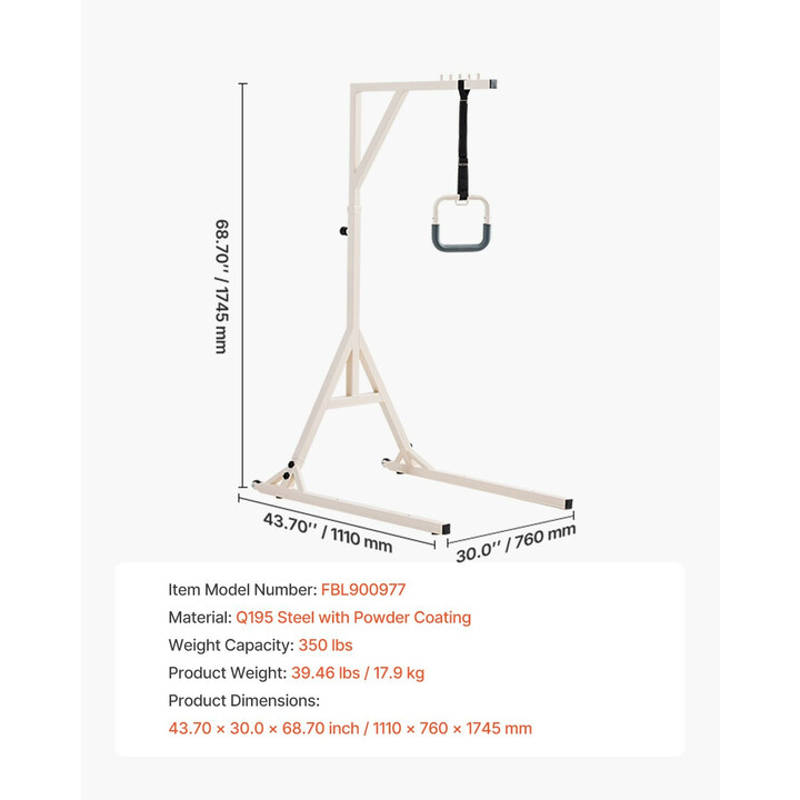 Sängyn kolmiotanko lattiatelineellä ja pyörillä, korkeussäädettävä, teräs, kantavuus 159 kg
