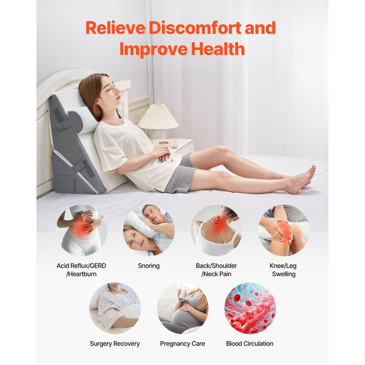 Säädettävä kiilatyynysetti sänkyyn 3-osainen, ortopedinen tuki, jacquard-päällinen, korkeatiheyksinen vaahto, valkoinen/harmaa