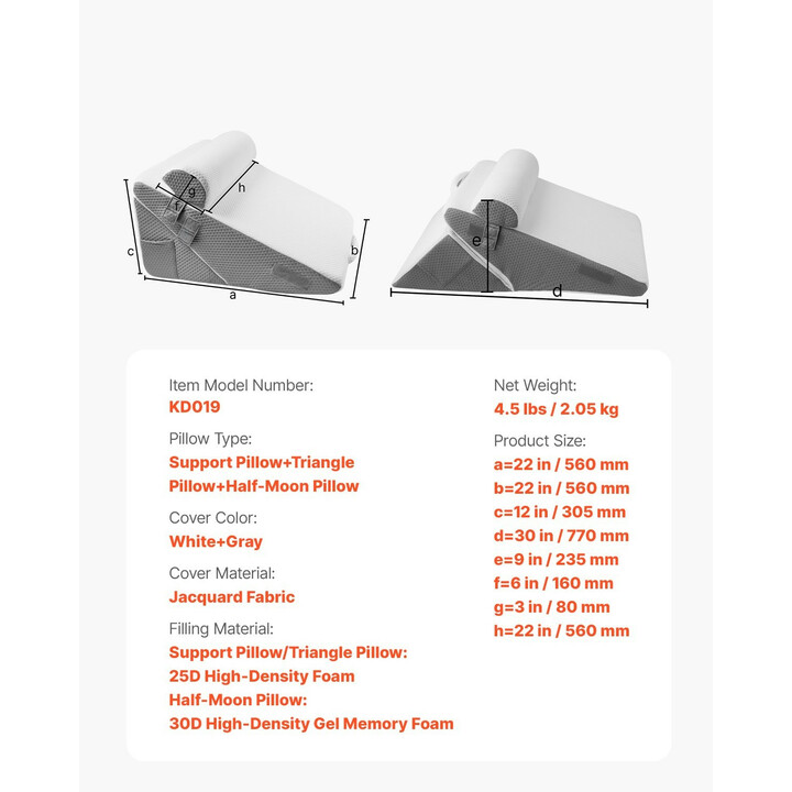 Säädettävä kiilatyynysetti sänkyyn 3-osainen, ortopedinen tuki, jacquard-päällinen, korkeatiheyksinen vaahto, valkoinen/harmaa