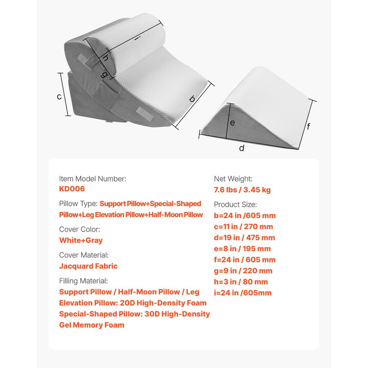 Säädettävä kiilatyyny 4-osainen ortopedinen setti selälle, jaloille, niskalle ja hartioille, valkoinen/harmaa