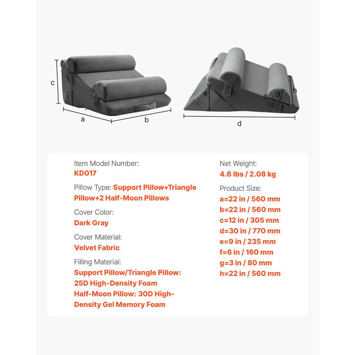 4-osainen ortopedinen kiilatyynysarja sänkyyn, tummanharmaa, KD017