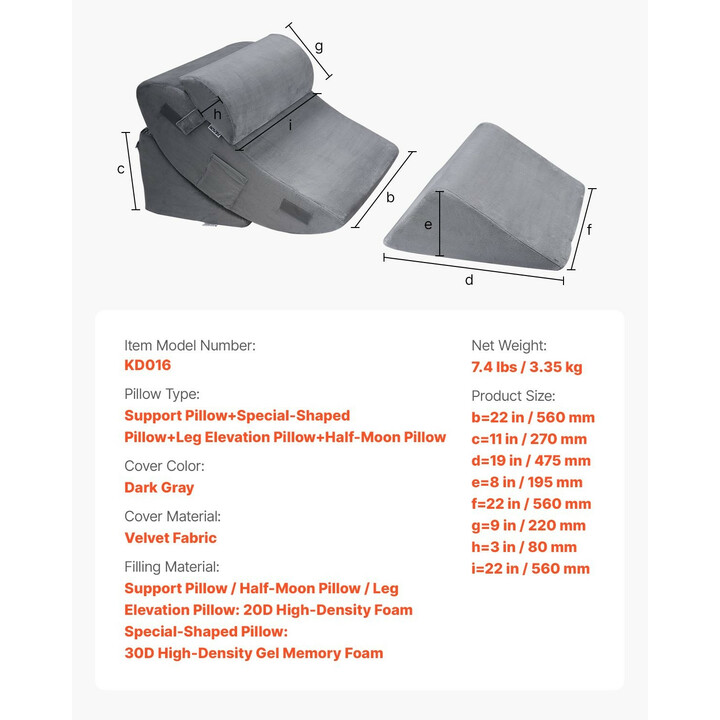 Ortopedinen 4-osainen kiilatyynysarja KD016, tummanharmaa, samettipäällinen