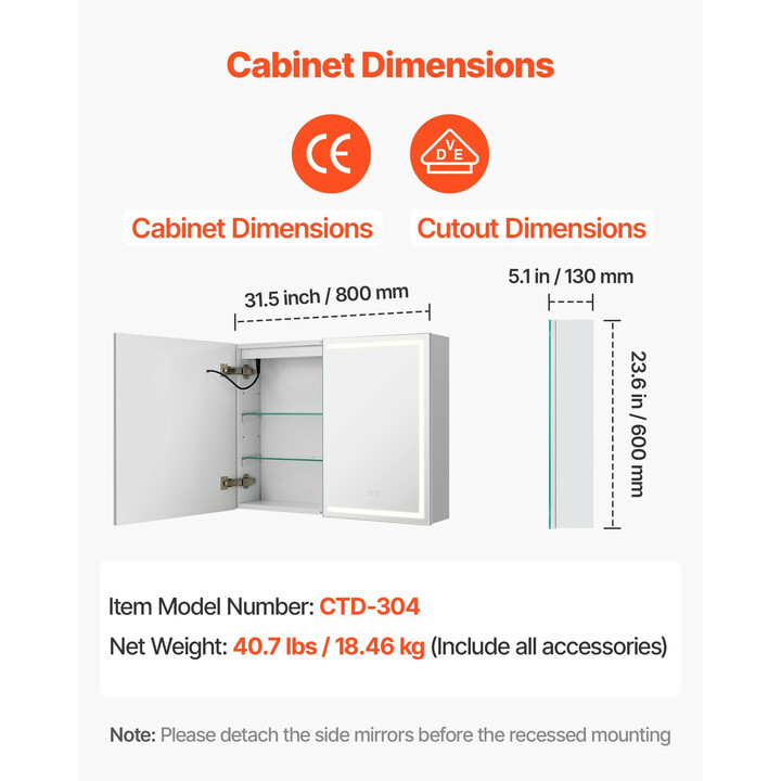 Valaistu lääkekaappi peilillä 60 x 80 cm, LED 3-väri himmennettävä, muistitoiminto, säädettävät hyllyt, pistorasia ja USB
