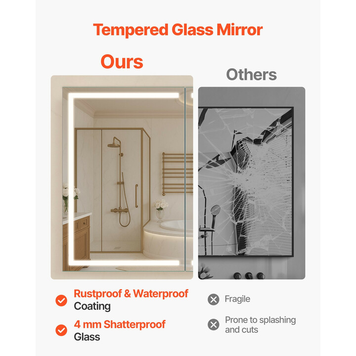 Valaistu lääkekaappi peilillä 60 x 80 cm, LED 3-väri himmennettävä, muistitoiminto, säädettävät hyllyt, pistorasia ja USB