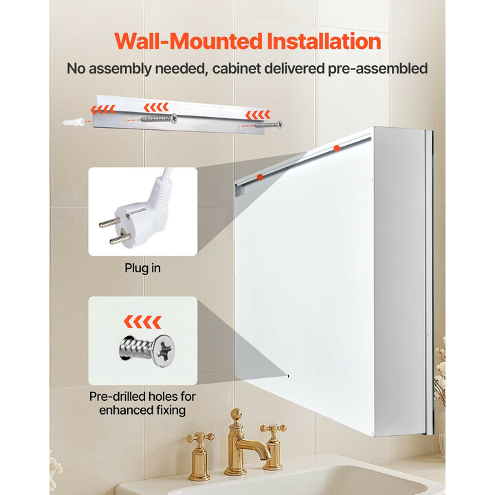 Valaistu lääkekaappi peilillä 60 x 80 cm, LED 3-väri himmennettävä, muistitoiminto, säädettävät hyllyt, pistorasia ja USB