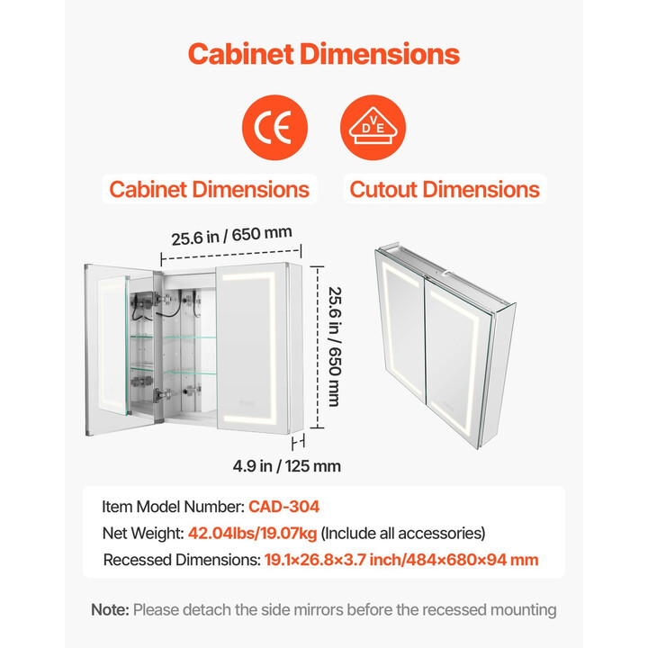 LED-valopeilikaappi kylpyhuoneeseen 65 x 65 cm CAD-304, himmennettävä, 3 värilämpötilaa, huurteenpoisto, säädettävät hyllyt