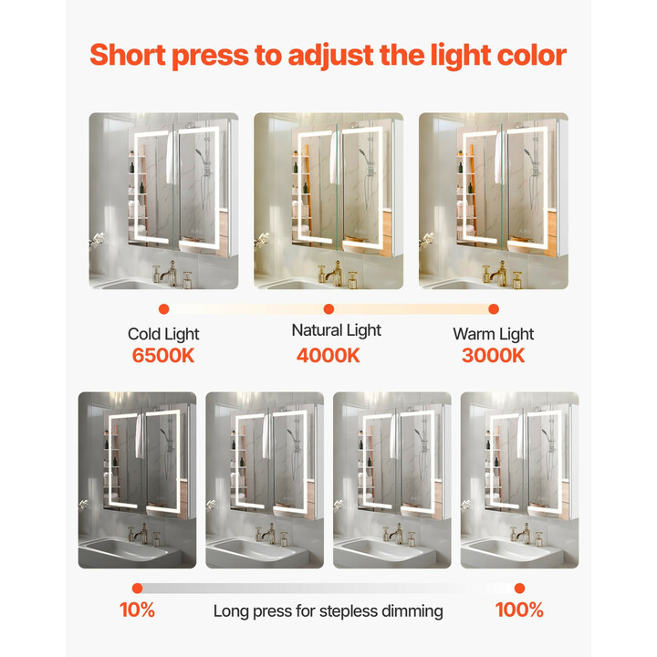LED-valopeilikaappi kylpyhuoneeseen 65 x 65 cm CAD-304, himmennettävä, 3 värilämpötilaa, huurteenpoisto, säädettävät hyllyt