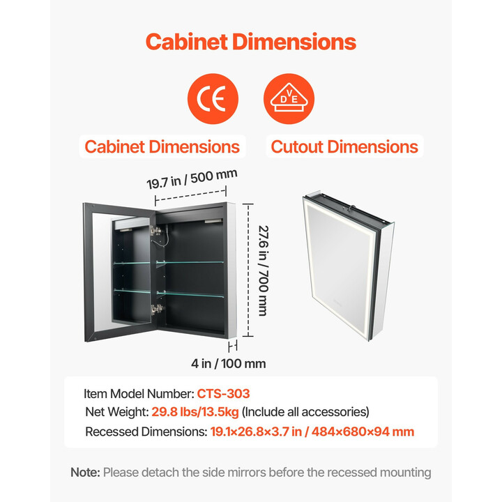 Valopeilillinen lääkekaappi CTS-303 50 x 70 cm LED 3-värinen himmennettävä huurteenpoistolla upotettava tai seinäpinnalle