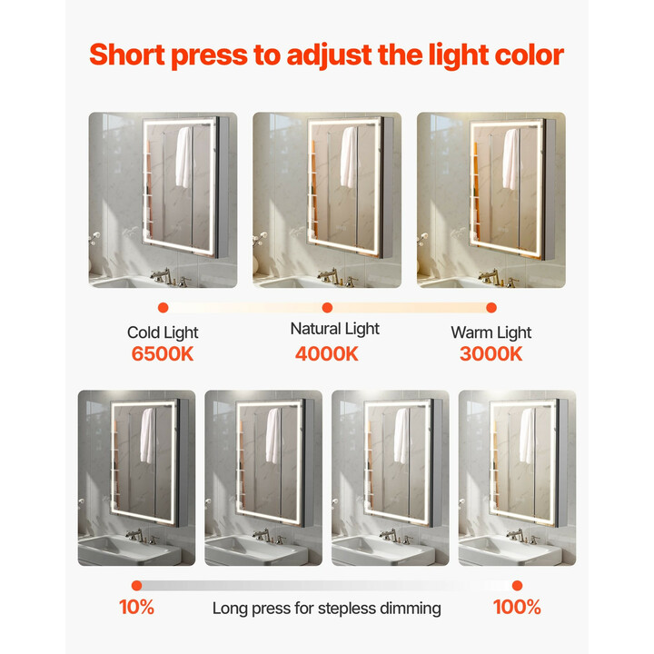 Valopeilillinen lääkekaappi CTS-303 50 x 70 cm LED 3-värinen himmennettävä huurteenpoistolla upotettava tai seinäpinnalle