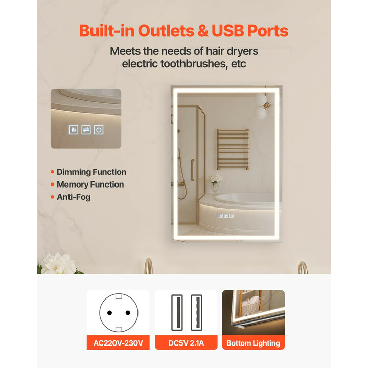 Valopeilillinen lääkekaappi CTS-303 50 x 70 cm LED 3-värinen himmennettävä huurteenpoistolla upotettava tai seinäpinnalle