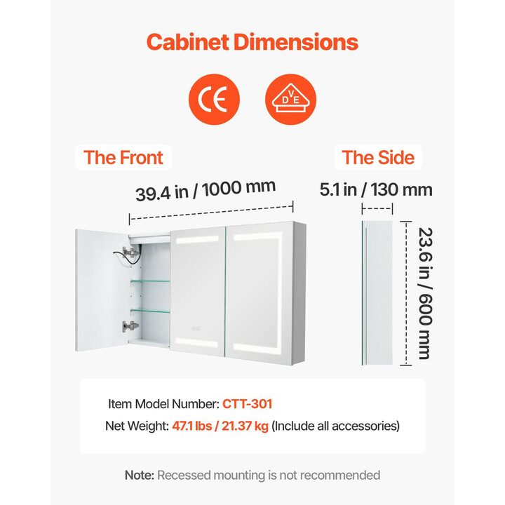 Valaistu lääkekaappi peilillä 100 x 60 cm, 3-värinen himmennettävä LED, 2 säädettävää hyllyä, pistorasia ja USB