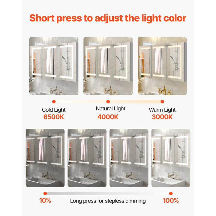 Valaistu lääkekaappi peilillä 100 x 60 cm, 3-värinen himmennettävä LED, 2 säädettävää hyllyä, pistorasia ja USB