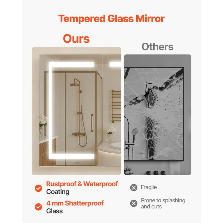 Valaistu lääkekaappi peilillä 100 x 60 cm, 3-värinen himmennettävä LED, 2 säädettävää hyllyä, pistorasia ja USB