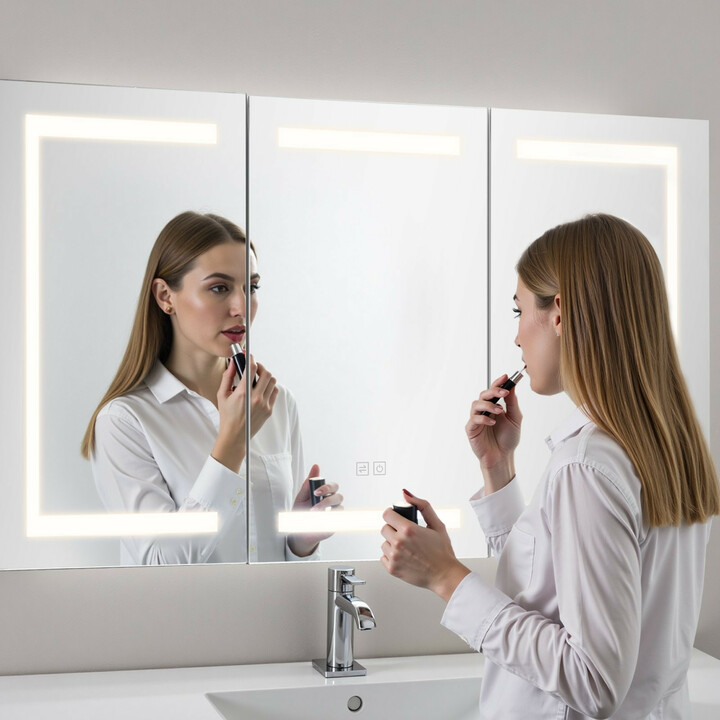 Valaistu lääkekaappi peilillä 100 x 60 cm, 3-värinen himmennettävä LED, 2 säädettävää hyllyä, pistorasia ja USB