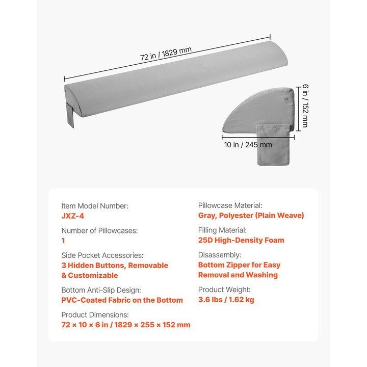Sängynpäädyn välikappaletyyny 1829 x 255 x 152 mm, 25D vaahtomuovia, harmaa, sivutaskulla