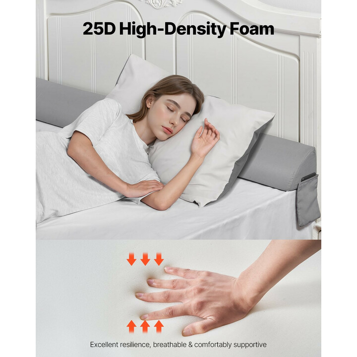 Sängynpäädyn rakoja täyttävä kiilatyyny 1930 x 152 x 115 mm, 25D vaahto, sivutasku, harmaa