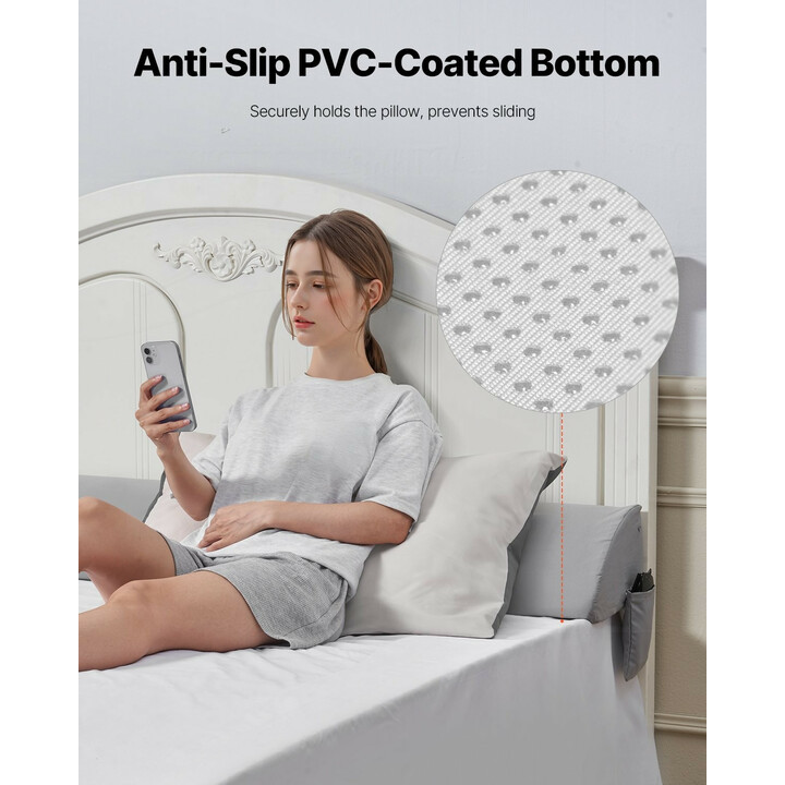 Sängynpäädyn rakoja täyttävä kiilatyyny 1930 x 152 x 115 mm, 25D vaahto, sivutasku, harmaa