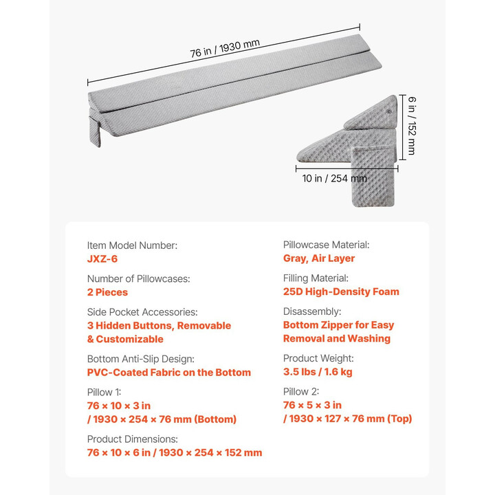 Sängynpäädyn rakoa täyttävä kiilatyyny JXZ-6 1930 x 255 x 152 mm 25D vaahto harmaa sivutaskulla