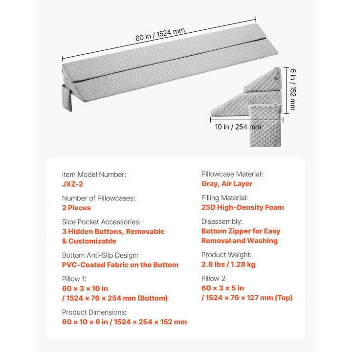 Sängynpäädyn ja patjan välin täytepäätytyyny 1524 x 245 x 152 mm, 25D vaahto, harmaa