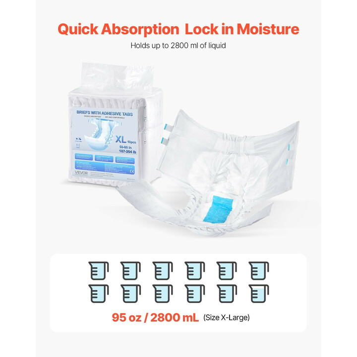 Aikuisten teippivaipat XL, erittäin imukykyiset inkontinenssivaipat unisex, 2800 ml, kosteusindikaattori, 40 kpl