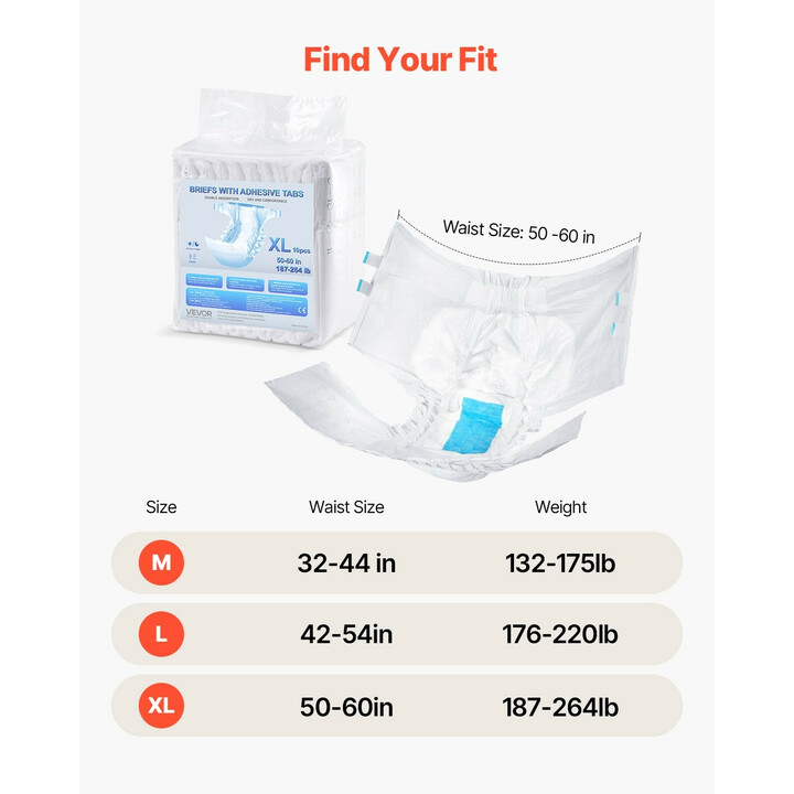 Aikuisten teippivaipat XL, erittäin imukykyiset inkontinenssivaipat unisex, 2800 ml, kosteusindikaattori, 40 kpl