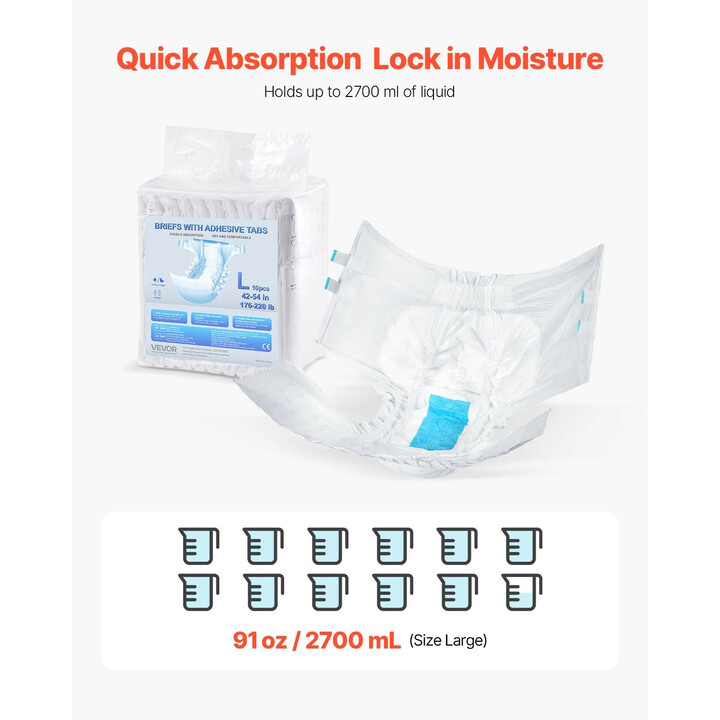 Aikuisten teippivaipat, unisex, erittäin imukykyiset, koko L, 2700 ml, 40 kpl