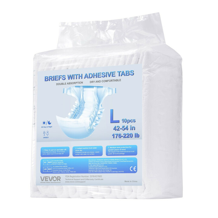 Aikuisten teippivaipat, unisex, erittäin imukykyiset, koko L, 2700 ml, 40 kpl