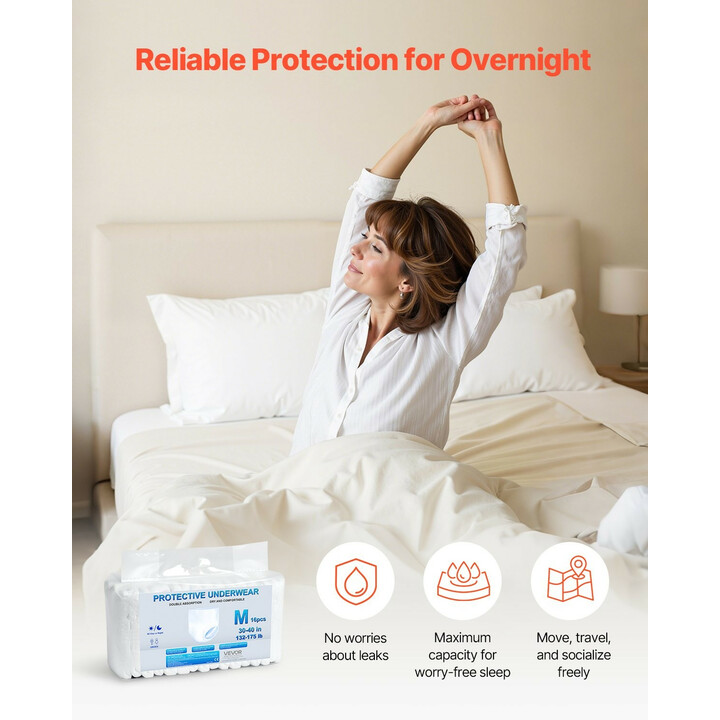 Aikuisten kertakäyttöiset suojahousut, korkea imukyky 900 ml, M-koko, 64 kpl, unisex, vuotosuoja ja kosteusilmaisin