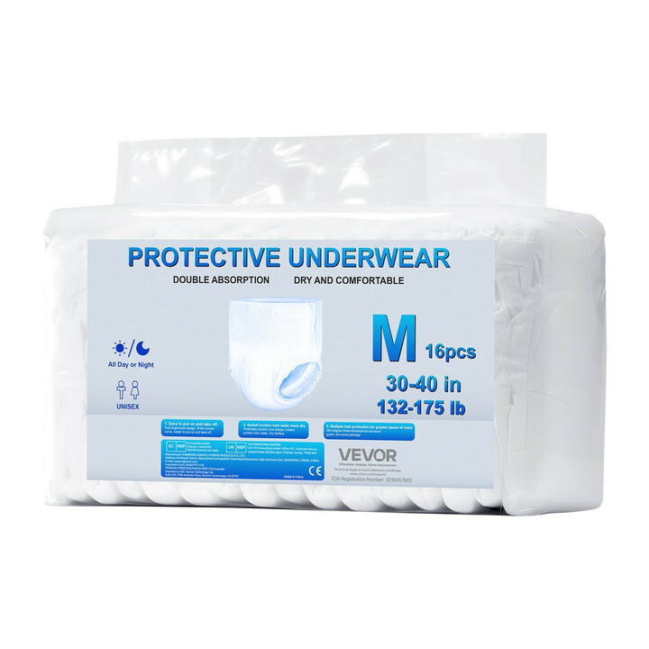 Aikuisten kertakäyttöiset suojahousut, korkea imukyky 900 ml, M-koko, 64 kpl, unisex, vuotosuoja ja kosteusilmaisin
