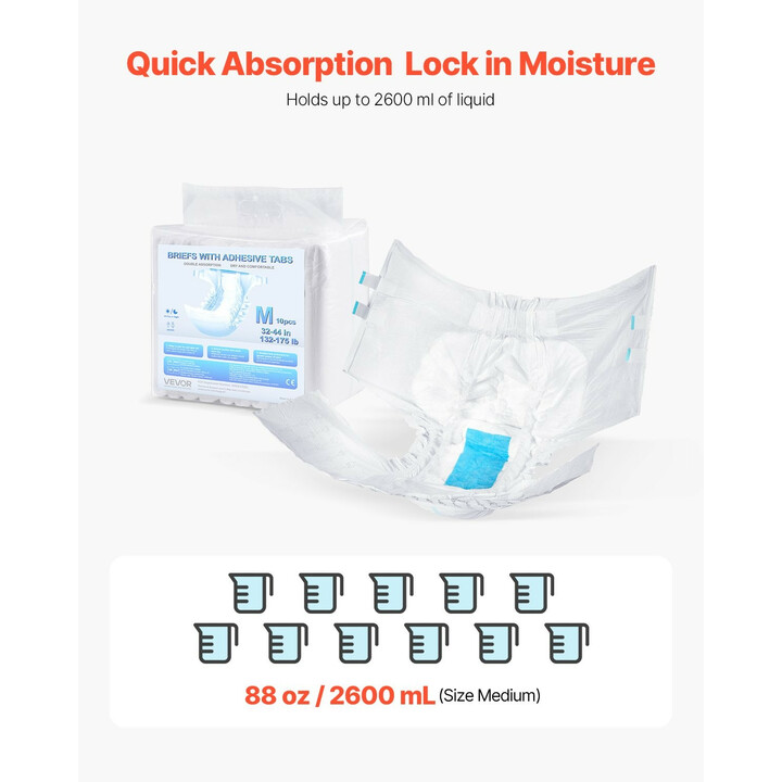 Aikuisten teippivaipat, superimevät inkontinenssisuojat, koko M, 2600 ml, unisex, 40 kpl