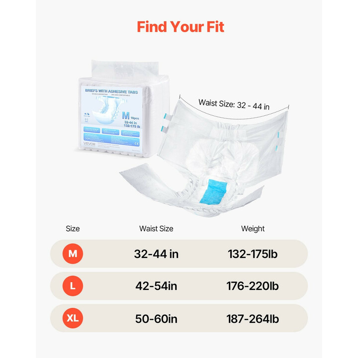 Aikuisten teippivaipat, superimevät inkontinenssisuojat, koko M, 2600 ml, unisex, 40 kpl