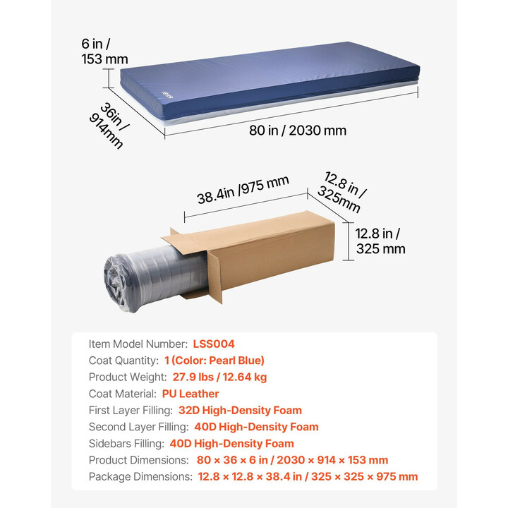 Sairaalasängyn patja kaksikerroksinen vaahtomuovi 227 kg 914 x 2030 x 153 mm vedenpitävä PU-päällinen pitkäaikaishoitoon