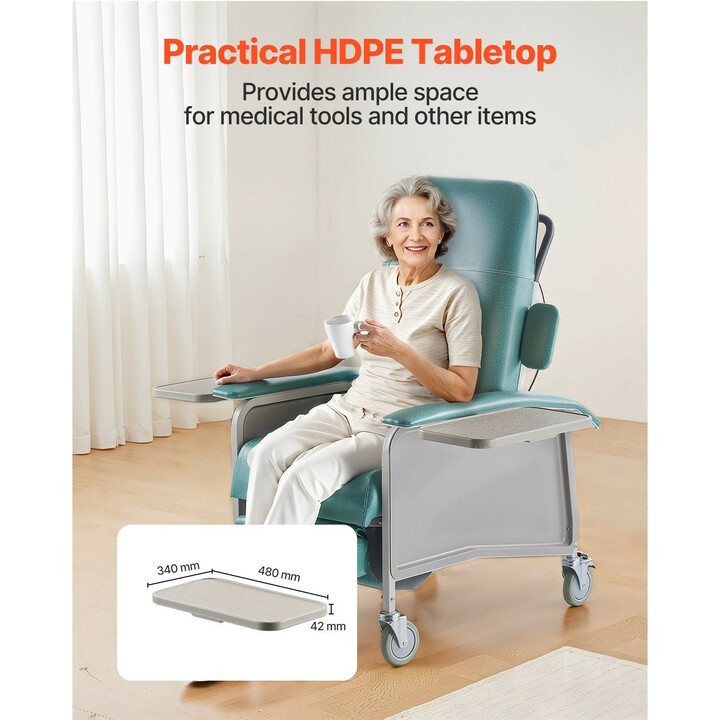 Geriatrinen lepotuoli D577-J, 4-asentoinen Trendelenburg-selkänoja, pehmustettu, 4 pyörää ja 2 tarjotinta, valkoinen/vihreä