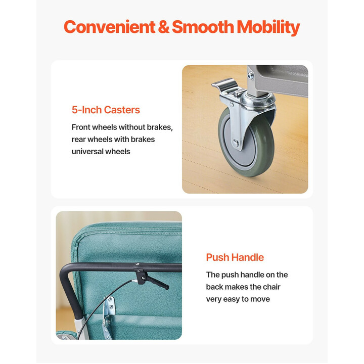 Geriatrinen lepotuoli D577-J, 4-asentoinen Trendelenburg-selkänoja, pehmustettu, 4 pyörää ja 2 tarjotinta, valkoinen/vihreä