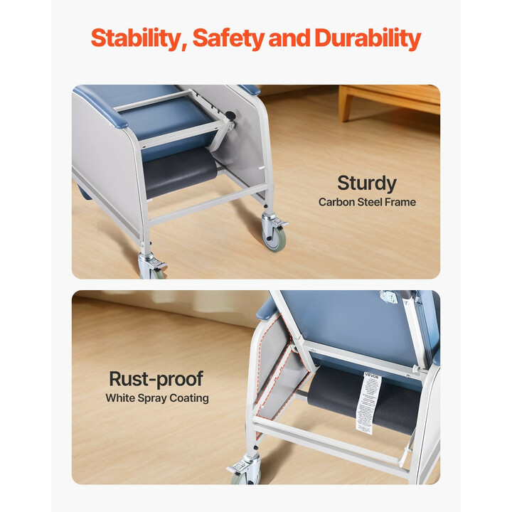 Geriatrinen lepotuoli D574-BR, 3-asentoinen, pyörillä, sininen istuin, irrotettava tarjotin, sairaala- ja hoivakäyttöön